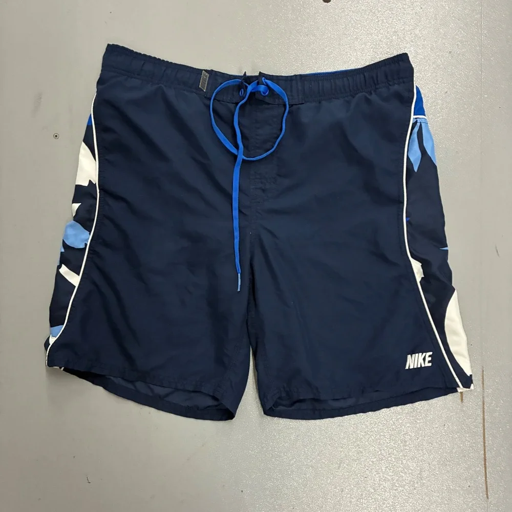Y2K Nike Swim Mens Navy Blue Floral Board Shorts Trunks Mesh Lined Size Medium